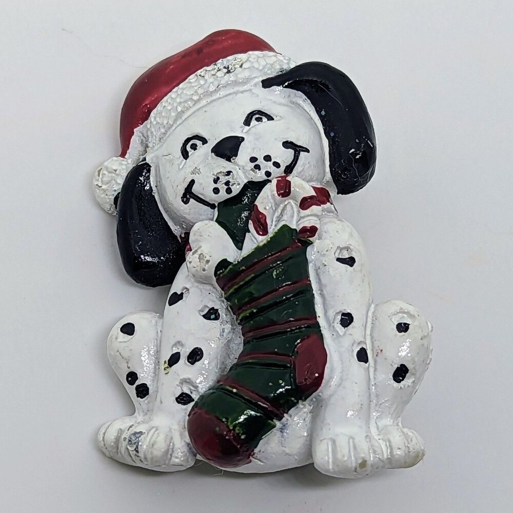 Vintage Christmas Dalmatian Dog Brooch Pin With Santa Hat & Stocking